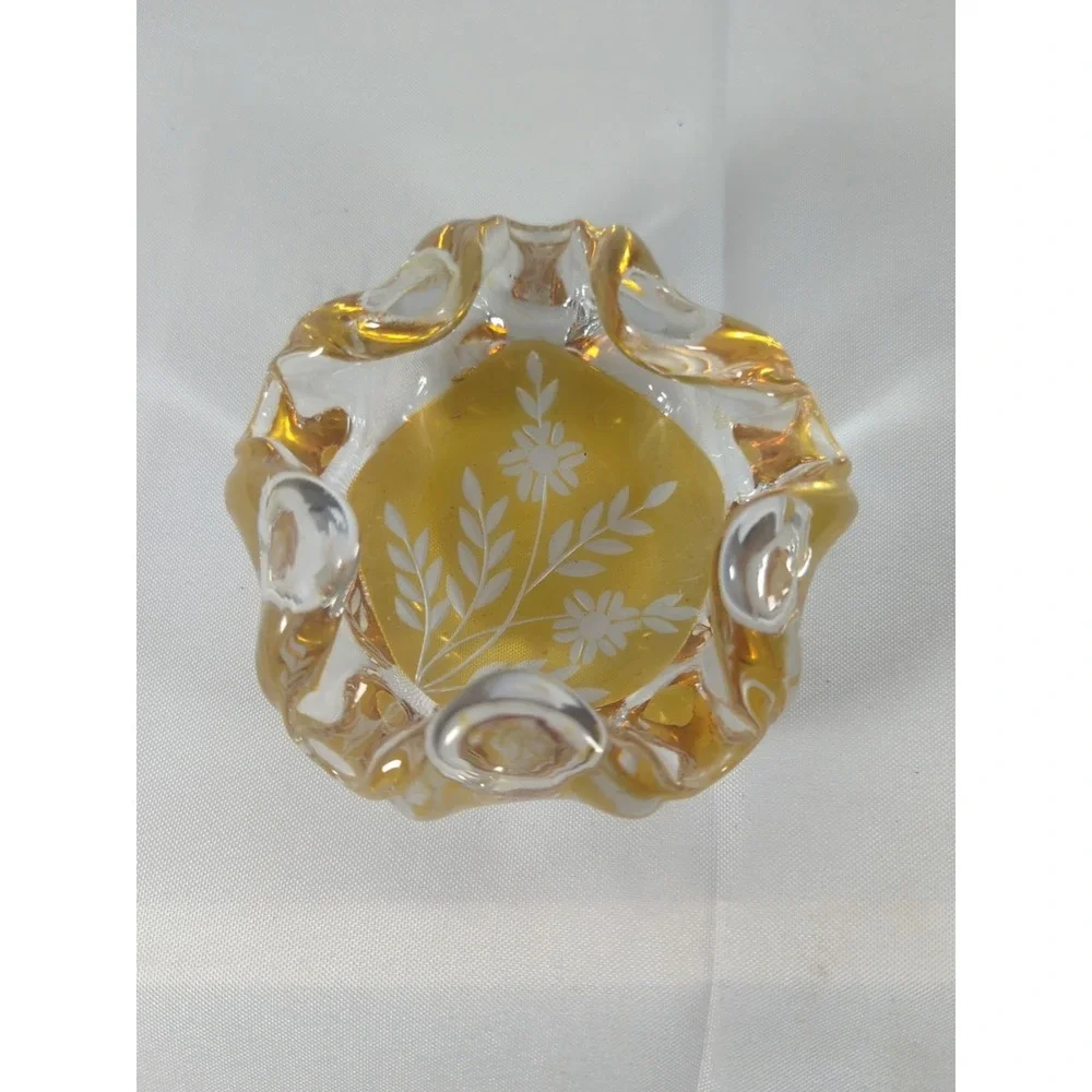 Vintage Crystal Ash Tray Amber Base Clear Upper Etched Floral Design